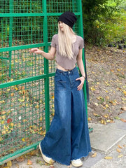 Aiertu - Denim Elephant Wide Leg Pants Women High Waist Solid Distressed Pleated Frayed Casual Baggy Jeans Vintage Streetwear Aiertu