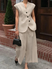 Aiertu Elegant V-neck Top Long Pants Set Women Sleeveless Single Breasted Vest High Waist Wide Leg Pants Lady 2025 Spring Summer Outfit Aiertu