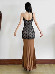 Aiertu - Backless Sleeveless Mesh Patchwork Jacquard Maxi Dress Women Hollow Cross Bandage Fishtail Low-Neck Vacation Vestidos Aiertu