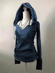 Aiertu - Y2K Retro Gothic Print Pattern Blue Lamb Wool Hoodie Autumn winter Hot Girl Slim Warm Harajuku Millennium Street Casual Hoodie Aiertu