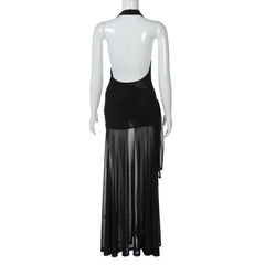 Aiertu - Women Sexy See Through Mesh Backless Halter Maxi Dress Deep V-neck Sleeveless Lace Up Ribbon Ruched Bodycon Club Party Long Robe Aiertu