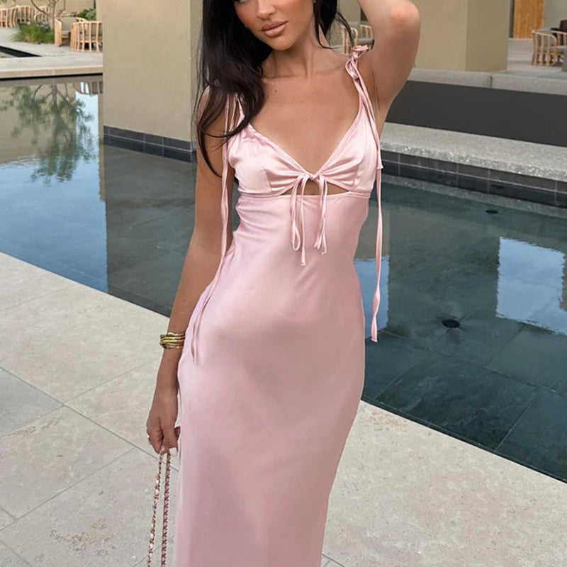Aiertu - V-neck Cut Out Lace-Up Spaghetti Strap Dress For Women Summer Beach Long Dress Fashion Sexy Sleeveless Slim Gown Clothes Aiertu
