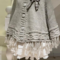 Aiertu - Women Preppy Style Two Pieces Set Y2K Aesthetic Bow Casual Knitted Tassels Hooded Grunge Fairy Lace Patchwork Short Skirts Suit Aiertu