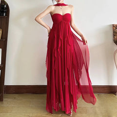 Aiertu - Chiffon Red Party Dresses Sexy Elagant Irregular Ruffle Sleeveless Backless Long Dresses for Women P94-FI59 Aiertu