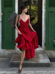 Aiertu - Pleated Halter Maxi Dress Women Large Skirt Hem Suspender Sexy Slimming Loose Camisole Robes Vacation Women Maxi Beach Dresses Aiertu