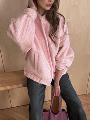 Aiertu - Woman Fashion Loose Pink Warm Coats 2026 Autumn New Casual Oversized Bomber Jacket Girls Vintage Thick Warm Outwear Aiertu