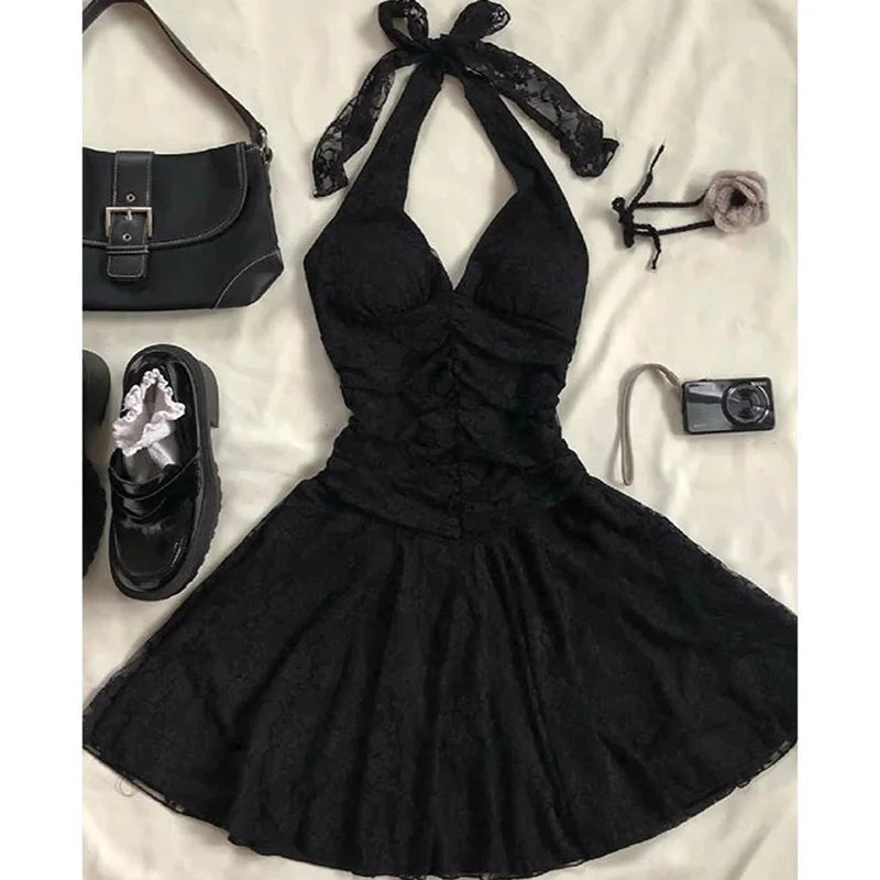 Aiertu - Vintage Black Mini Dress Women Party Sexy Halter Lace Dresses Korean Folds Backless Sundress Summer Bodycon Vestidos New Aiertu