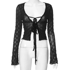 Aiertu - Crew Neck Sheer Mesh Low Cut Long Sleeves Bandage Lace Up T-Shirt Crop Top Spicy Girl Vintage Fashion Autumn Streetwear Aiertu