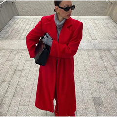Aiertu - Fall Outfits 2026 Red Woolen Long Coats Women Elegant Lapel Full Sleeve Single Button Loose Tops 2026 Autumn New Lady Solid High Street Outwear Aiertu