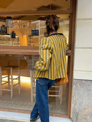 Aiertu - Elegant Striped Puff Sleeve Coat For Women Single Breasted O-neck Female Shirt Jacket 2026 Spring Fashion Office Lady Streetwear Aiertu