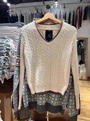 Aiertu - Classic Twisted Long Sleeve Sweater Women Contrast V Neck Knitted Pullover Tops Winter New American Vintage Preppy Style Jumper Aiertu