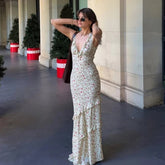 Aiertu Floral Print Sexy V Neck Ruffles Elegant Bodycon Maxi Dresses Spring Fashion Holiday Streetwear Party Women Vestidos Aiertu