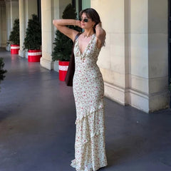 Aiertu Floral Print Sexy V Neck Ruffles Elegant Bodycon Maxi Dresses Spring Fashion Holiday Streetwear Party Women Vestidos Aiertu