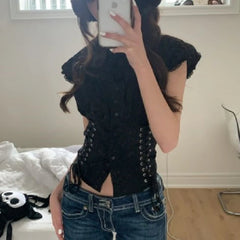 Aiertu summer inspo Chic Bandage Crop Top Y2k Vintage Grunge Black T-Shirts Women Button Slim Croset Aesthetic Punk Style Gothic Bustiers Aiertu