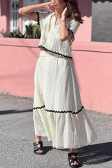 Aiertu - Daily Elegant Solid Color Hollow Out Patchwork Contrast Turndown Collar Short Sleeve Two Pieces(3 Colors) Aiertu