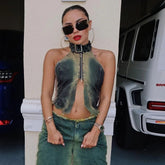 Aiertu - Halter Belt Sleeveless Blue Bodysuit Zipper Backless Worn Out Denim Camisole Crop Top Fashion Summer Club Wear Aiertu