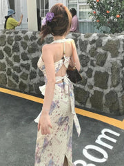 Aiertu Sexy Two Pieces Set Sun Protection Crop Cardigan + High Waist Halter Print Backless Bandage Drees Femme Outfit Y2k Aesthetic Aiertu