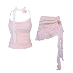 Aiertu - Sweet Hot Girl Sexy Suit Women's Summer Lace Camisole Vest High Waisted A-line Short Skirt Two-piece Set Fashion Female Clothes Aiertu