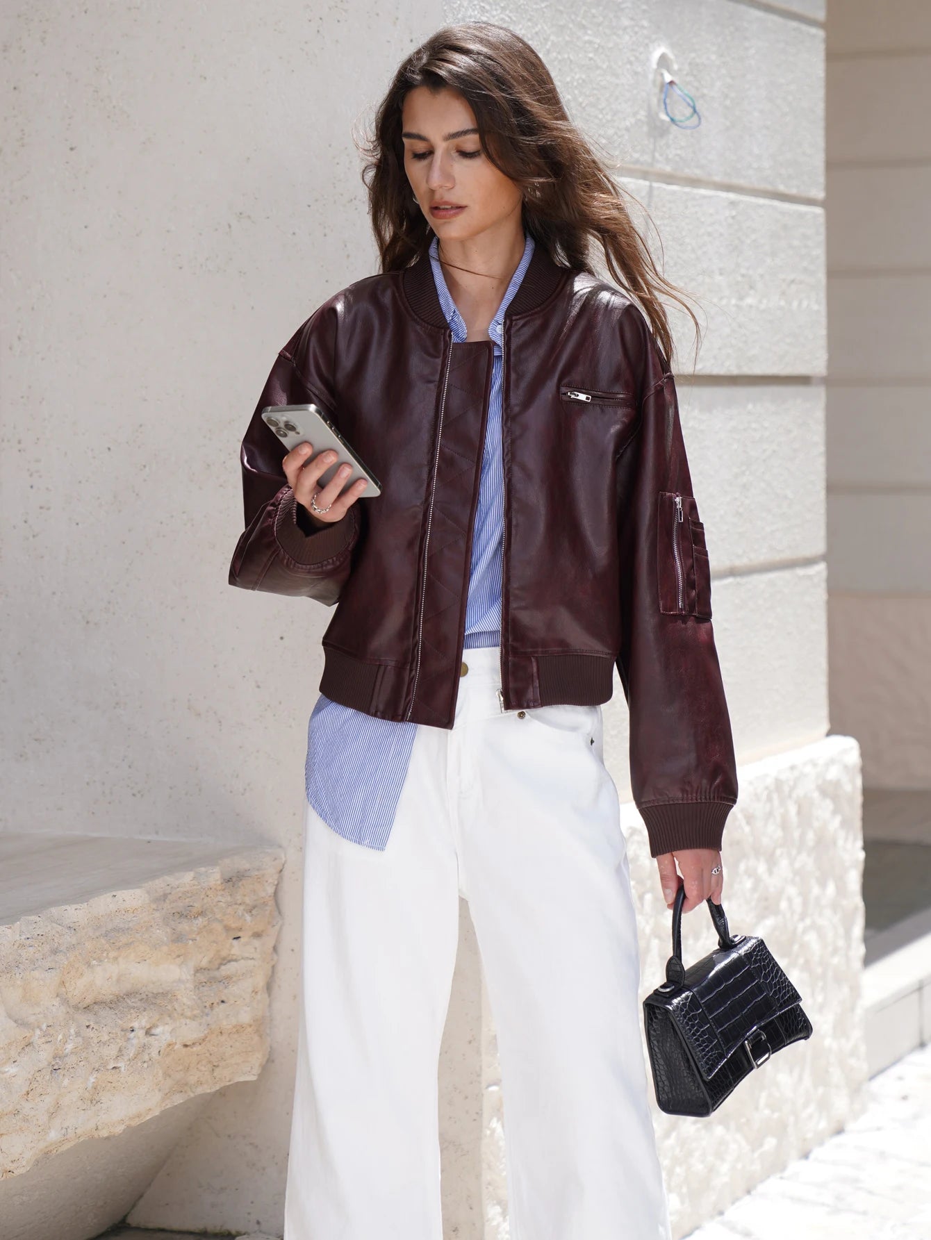 Aiertu - 2026 Women Stylish Autumn Pu Leather Bomber Jacket Wine red, Brown Coat Aiertu
