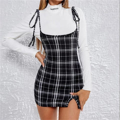 Aiertu Fashion Women Dress Check Dog Tooth Frill Ruffle Pinafore High Waist Bodycon Party Mini Dress Holiday Casual Slim Dress vestidos Aiertu