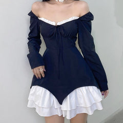 Aiertu Patchwork Slim Ball Gown A-Line Dress Vintage Quare Collar Long Sleeve Mini Dresses For Women Elegant Fashion Lady Aiertu