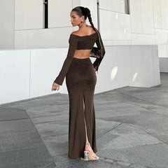 Aiertu - Sexy Off Shoulder Ruched Dress Sets Women Fashion Metal Accessories Long Sleeved Top Split Skirt 2 Piece Autumn Vacation Outfits Aiertu