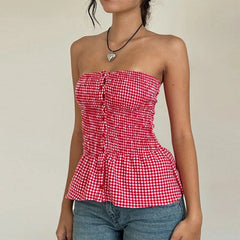 Aiertu - Peplum Hemline Strapless Crop Tops Women Tube Top Bandeau Y2K Plaid Print Backless Vest Button Closure Slim Fit Summer Clothes Aiertu