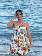 Aiertu - Strapless Slip Print Short Dress Pleated Fluffy Halter Flower Bud Women Dresses Fashion Seaside Vacation Beach Strap Dress New Aiertu