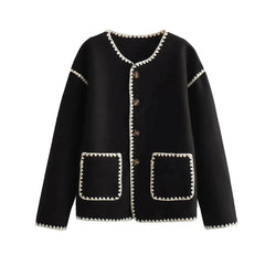 Aiertu - Women Fashion With Pockets Contrast Loose Woolen Jacket Coat Vintage Long Sleeve Button-up Female Outerwear Chic Tops Aiertu