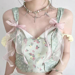 Aiertu - Bow Y2k Aesthetic Sweet Printing Women Crop Top Streetwear Grunge Slim Tanks Tops Vintage Patchwork Harajuku Camisoles Summer Aiertu