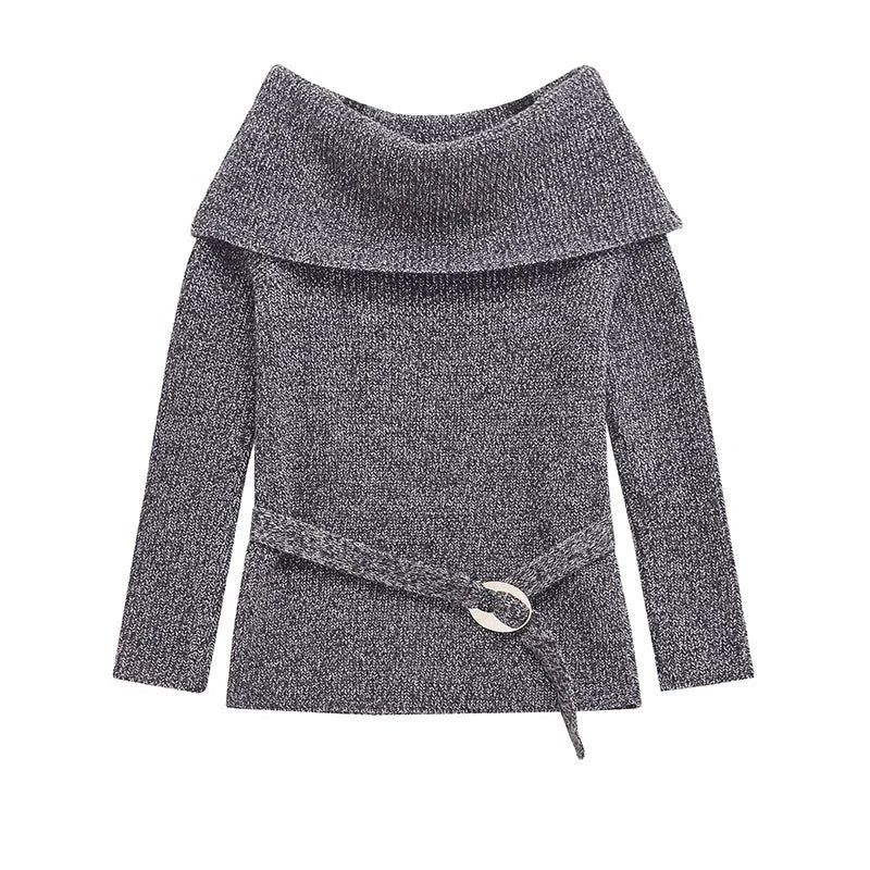 Aiertu - High Street Women Sexy Off Shoulder Knit Sweater Long Sleeve With Belt Slim Gray Pullover Female Autumn Winter Knitwear Aiertu