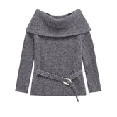 Aiertu - High Street Women Sexy Off Shoulder Knit Sweater Long Sleeve With Belt Slim Gray Pullover Female Autumn Winter Knitwear Aiertu
