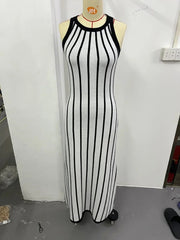 Aiertu - Vertical Stripes Round Neck Bodycorn Knit Dress Women Fashion Sleeveless Slim Long Dresses Elegant Female Commute Street Robes Aiertu