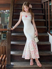 Aiertu Women Elegant Floral Printed Lace Spliced Spaghetti Strap Mermaid Dress Chic Wedding Guest Evening Praty Dress Vacation Clothes Aiertu