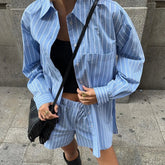 Aiertu - Blue Pocket Striped Shorts Sets Women Single Breasted Long Sleeve Blouse+Elastic Waist Casual Short Pant 2 Piece Set 2025 Spring Aiertu