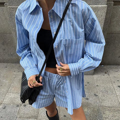 Aiertu - Blue Pocket Striped Shorts Sets Women Single Breasted Long Sleeve Blouse+Elastic Waist Casual Short Pant 2 Piece Set 2025 Spring Aiertu