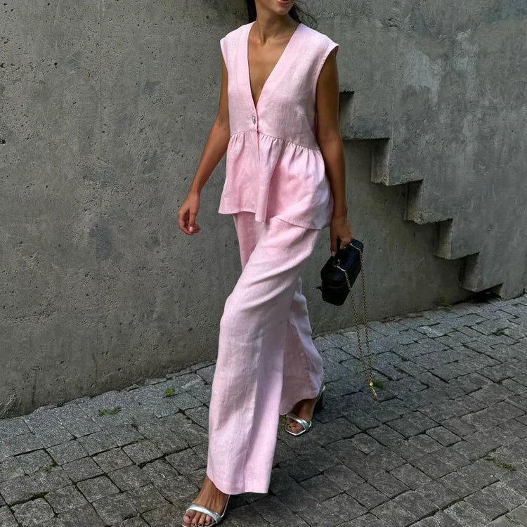 Aiertu - Pink V Neck Vest Two-piece Set Women Summer Single Breasted Sleeveless Waistcoat+Trouser Elegant Fashion Casual Pants Sets New Aiertu