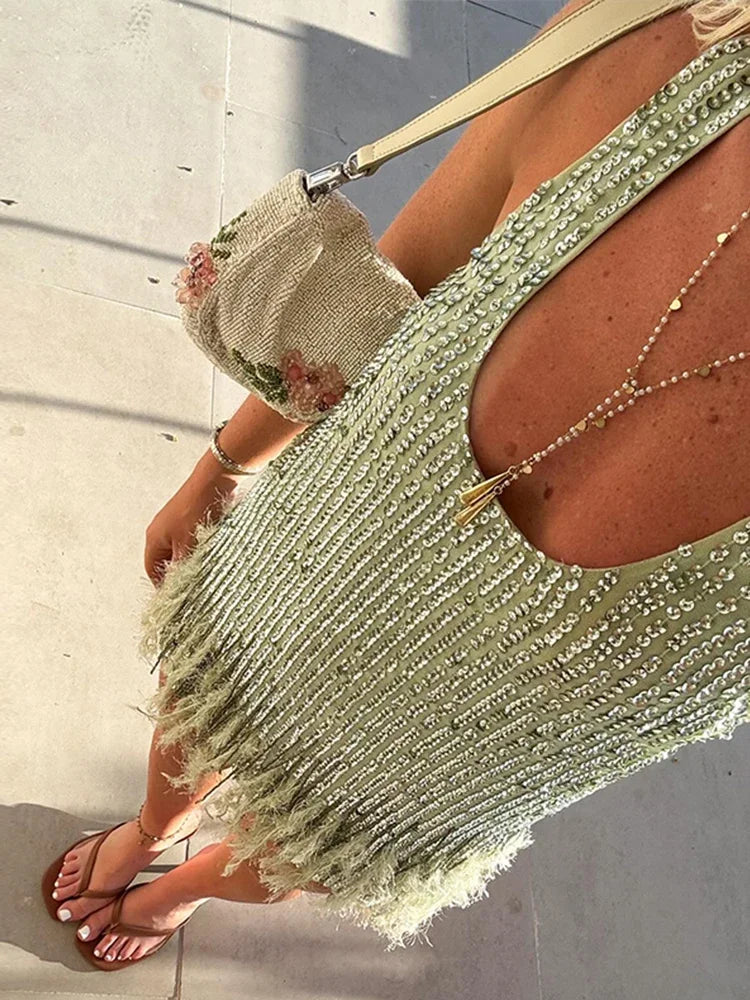Aiertu - Feather Patchwork Sequin Evening Women Dress Loose Sleeveless A-line Loose Mini Vestidos 2026 Summer Party Street Lady Dresses Aiertu
