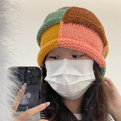 Aiertu - Fashion Color Patch Beanie Hats For Women Hand Crocheted Skull Caps Spring Autumn Outdoor Ear Protector Hollow Thin Knitted Hat Aiertu
