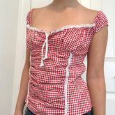 Aiertu - Women Y2k Gingham Tank Top Sleeveless Coquette Aesthetic Plaid Print Cami Crop Top Summer Fairycore Grunge Top Streetwear Aiertu