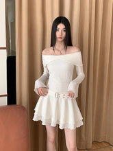 Aiertu - Belted Textured Knit Mini Dress Women Solid White Off Shoulder Flare Sleeve Frill Trim One-piece Casual Autumn Clothes Aiertu
