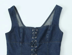 Aiertu - Sexy Square Collar Blue Denim Camis Sexy Corset Women Front Cross Lacing up Bandage Bow Tank Tops Back Zipper Slim Crop Top Aiertu