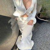 Aiertu - Elegant Knitted Skirt Suits For Women Fungus Cut Out Sexy Cardigan Top Long Slim Skirts Beach Holiday Lady Two Pieces Set Aiertu