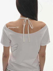 Aiertu - Korean Simple Ribbon Halter Vest + Wing Print Short Sleeved T-shirt Fashion Spicy Girl Slim Fit Streetwear 2 Pcs Set Women Suits Aiertu