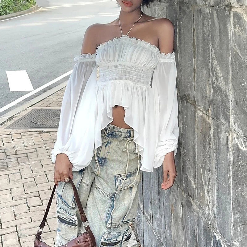 Aiertu Off Shoulder Ruffles Sexy Lantern Long Sleeve Halter Backless Fashion All-match Crop Tops Y2K Summer Streetwear Blouses Aiertu