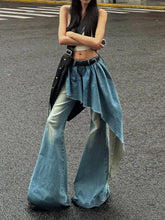 Aiertu - Y2K European and American Retro Washed Design Splicing Fake Two-piece Blue Jeans Women's Popular Loose Sexy Bell-bottom Pants Aiertu