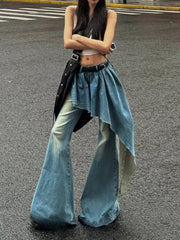 Aiertu - Y2K European and American Retro Washed Design Splicing Fake Two-piece Blue Jeans Women's Popular Loose Sexy Bell-bottom Pants Aiertu