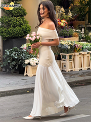 Aiertu Elegant Low Neck Pleated Long Dress Fashion Off Shoulder Patchwork See Through Gown New Female Summer Vacation Besch Robes aliexpress