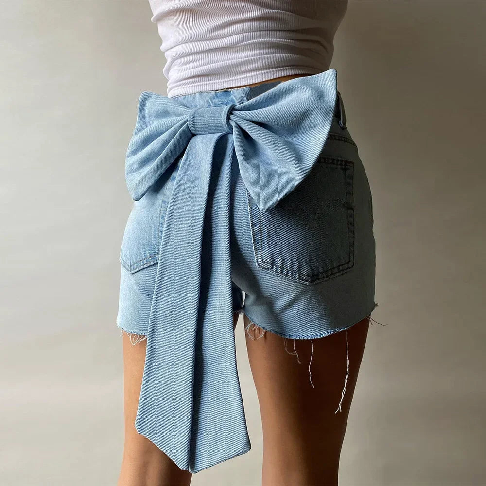 Aiertu - layered look inspo Women Zipper Fly Back Bow Front Button A-line Jeans Shorts Summer INS Street Casual Denim Blue Denim Shorts Aiertu