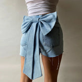 Aiertu - layered look inspo Women Zipper Fly Back Bow Front Button A-line Jeans Shorts Summer INS Street Casual Denim Blue Denim Shorts Aiertu